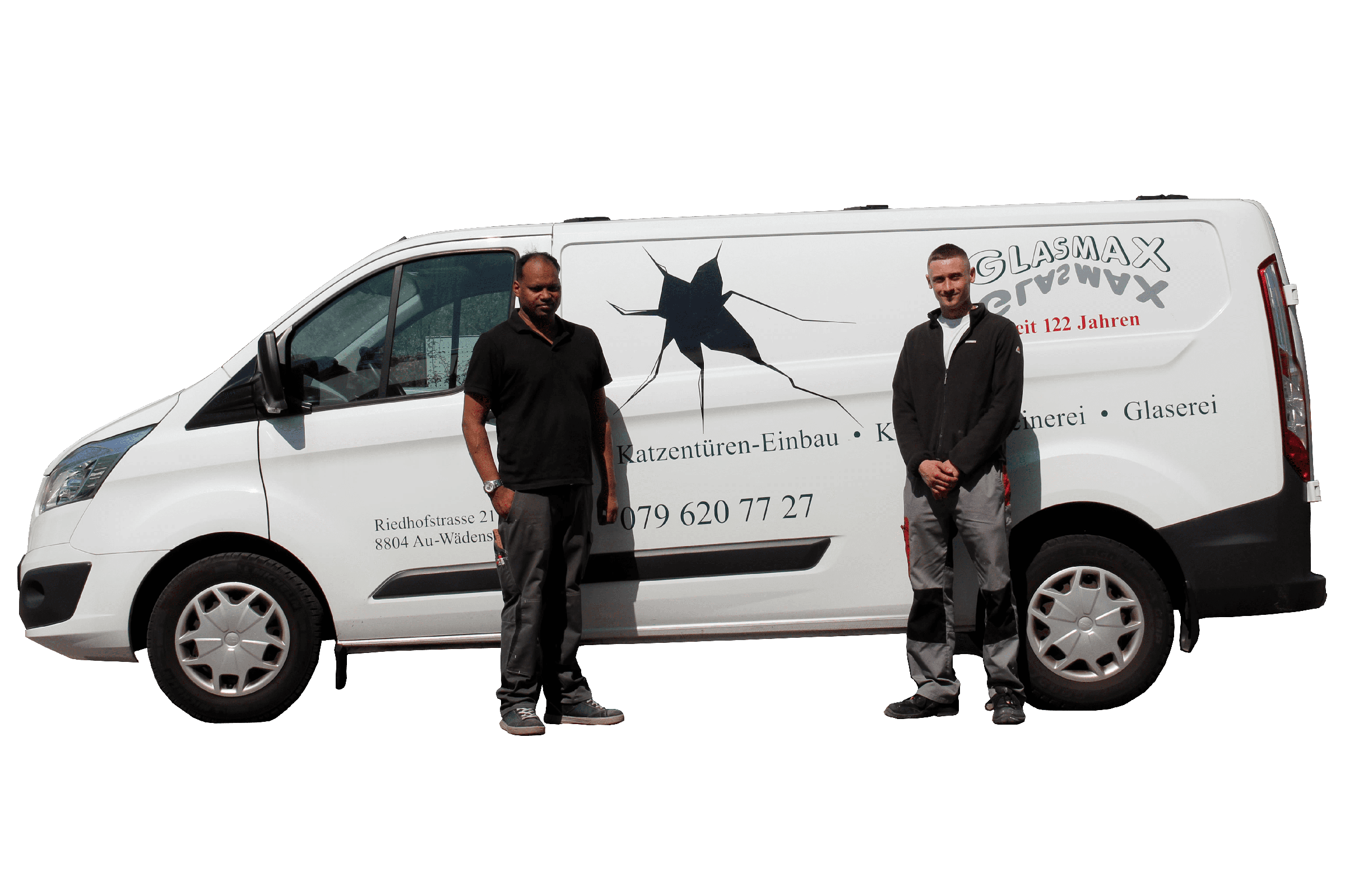 Robin und Chris Rusterholz vor dem Glasmax Lieferwagen